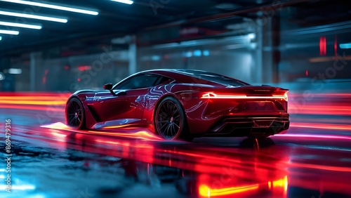 Sleek red sports car speeding through neon-lit urban garage. Generative AI