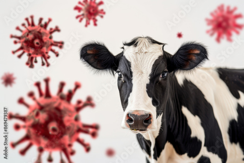 Cow with virus cells floating around, concept of animal transmitted flu and bovine diseases