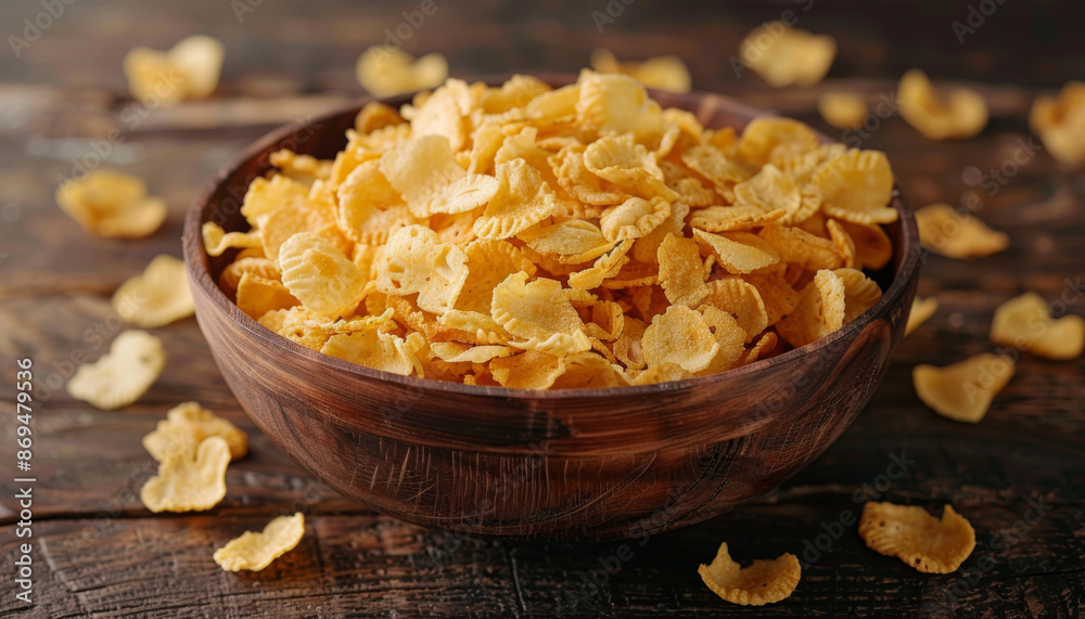 Cornflakes in a Wooden Bowl on a Rustic Table Cornflakes in a Wooden Bowl on a Rustic Table