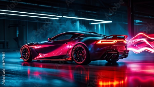 Sleek futuristic sports car in glowing neon lights, high-tech garage setting. Generative AI