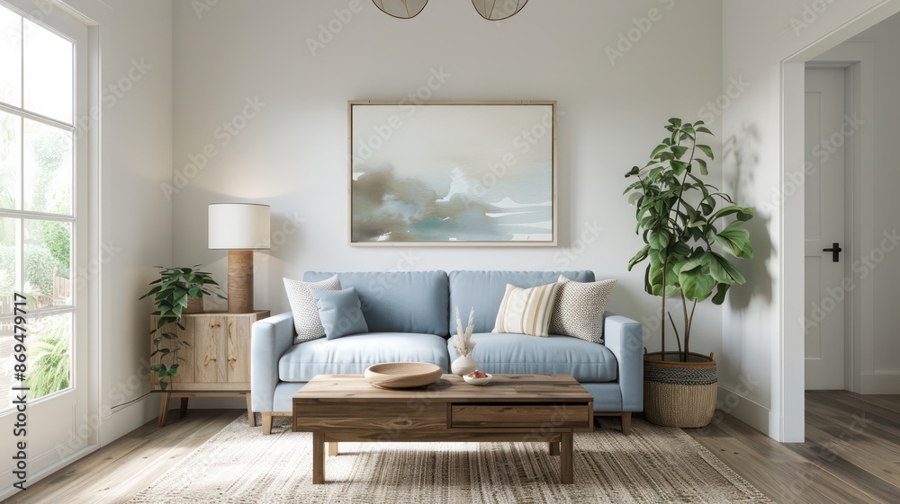 A living room with a blue couch, a coffee table, and a potted plant. The room has a modern and minimalist design, with a white wall and a large window A living room with a blue couch, a coffee table, and a potted plant. The room has a modern and minimalist design, with a white wall and a large window