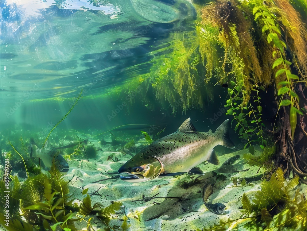 underwater scene of wild salmon swimming upstream crystal clear waters lush riverbed vegetation conservation theme underwater scene of wild salmon swimming upstream crystal clear waters lush riverbed vegetation conservation theme