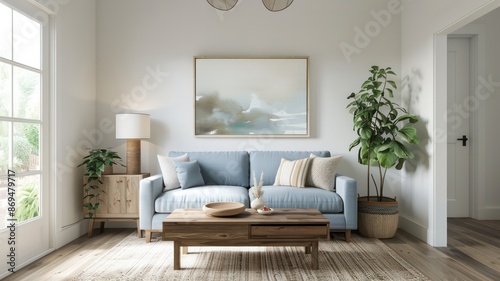 A living room with a blue couch, a coffee table, and a potted plant. The room has a modern and minimalist design, with a white wall and a large window