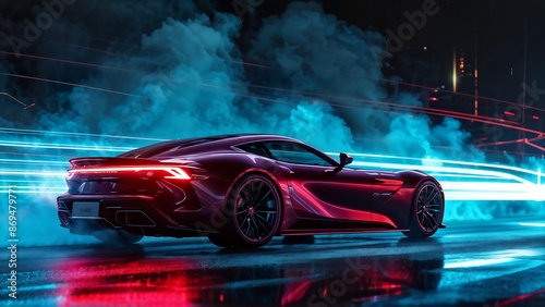 Sleek futuristic sports car with neon lights against foggy urban night background. Generative AI