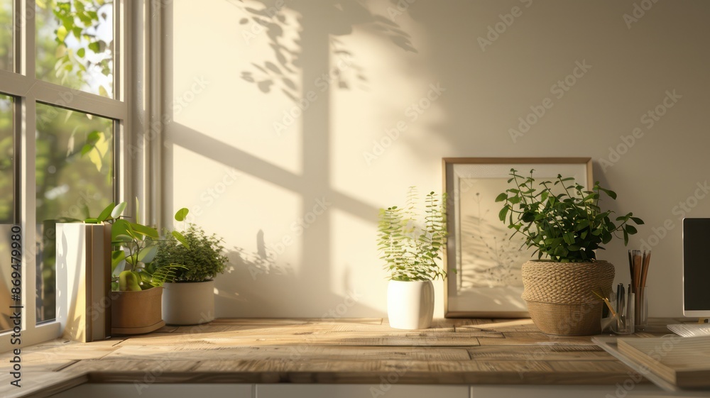 A desk with a window and a few potted plants. The plants are in different sizes and are placed in various spots on the desk. There is a framed picture on the desk A desk with a window and a few potted plants. The plants are in different sizes and are placed in various spots on the desk. There is a framed picture on the desk