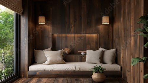 A cozy living room with a wooden wall and a window. The room has a couch and two pillows, and a potted plant. The mood of the room is warm and inviting © Dumrongkait