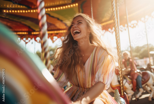 beautiful woman riding on carousel and laughing at amusement park, having fun in fairground or festival with colorful rainbow © Kien