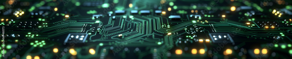 Detailed close-up of a circuit board illuminated with green and yellow lights, showcasing intricate electronic pathways and components. Generative ai raster illustration. Detailed close-up of a circuit board illuminated with green and yellow lights, showcasing intricate electronic pathways and components. Generative ai raster illustration.