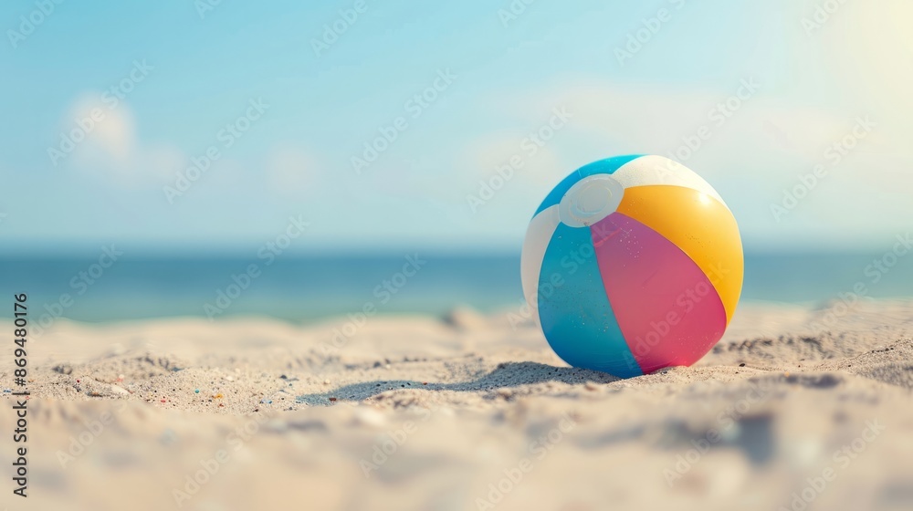 Obraz premium A sleek summer banner featuring a lone colorful beach ball on a solid background, perfect for social media. 