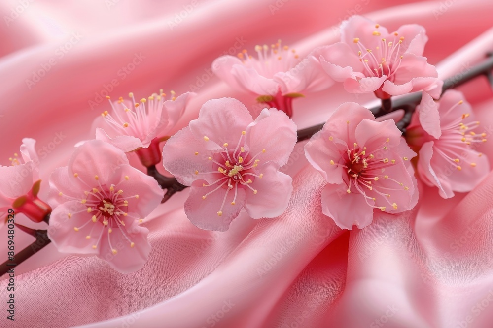 Gorgeous close-up of pink cherry blossoms on a soft, silky pink fabric background, capturing the delicate beauty and elegance of springtime blooms. Gorgeous close-up of pink cherry blossoms on a soft, silky pink fabric background, capturing the delicate beauty and elegance of springtime blooms.