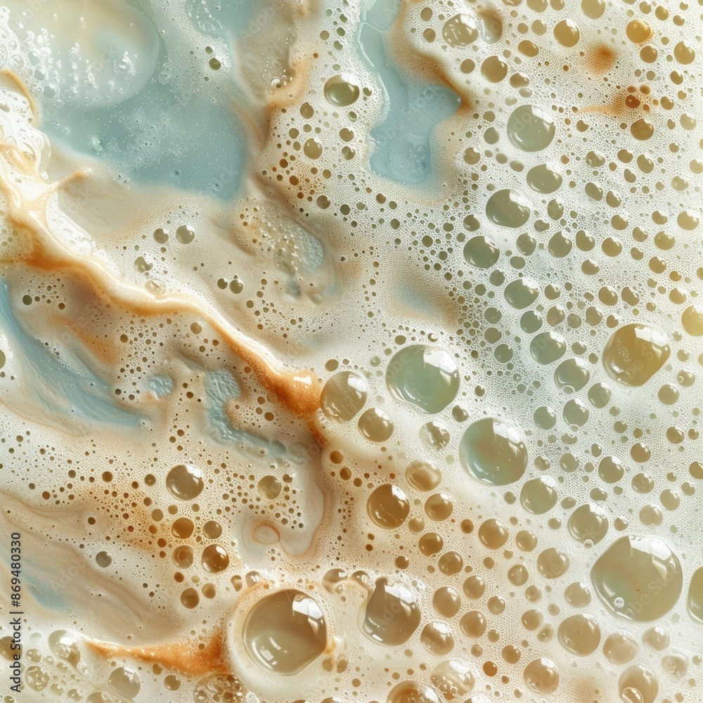 Close-up of a vibrant, abstract liquid art with bubbles and swirls in various shades of blue, brown, and white. Close-up of a vibrant, abstract liquid art with bubbles and swirls in various shades of blue, brown, and white.
