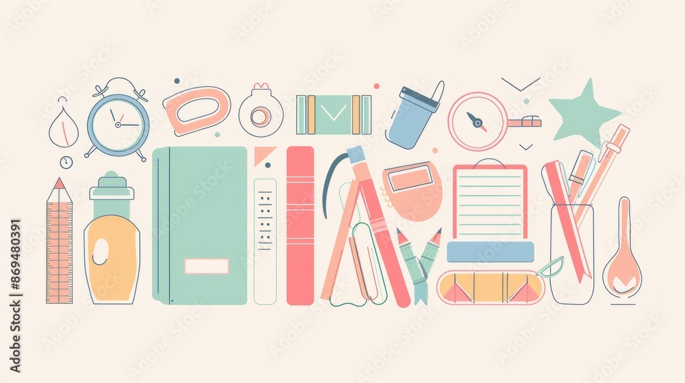 Minimalist school banner with sleek lines of school supplies and a subtle color palette
