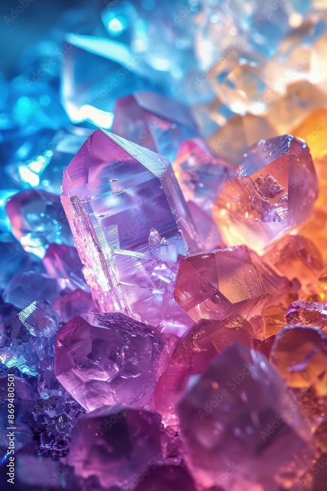 Close-up of vibrant, colorful crystals with a mix of purple, blue, and orange hues, illuminated to showcase their intricate and dazzling structures. Close-up of vibrant, colorful crystals with a mix of purple, blue, and orange hues, illuminated to showcase their intricate and dazzling structures.