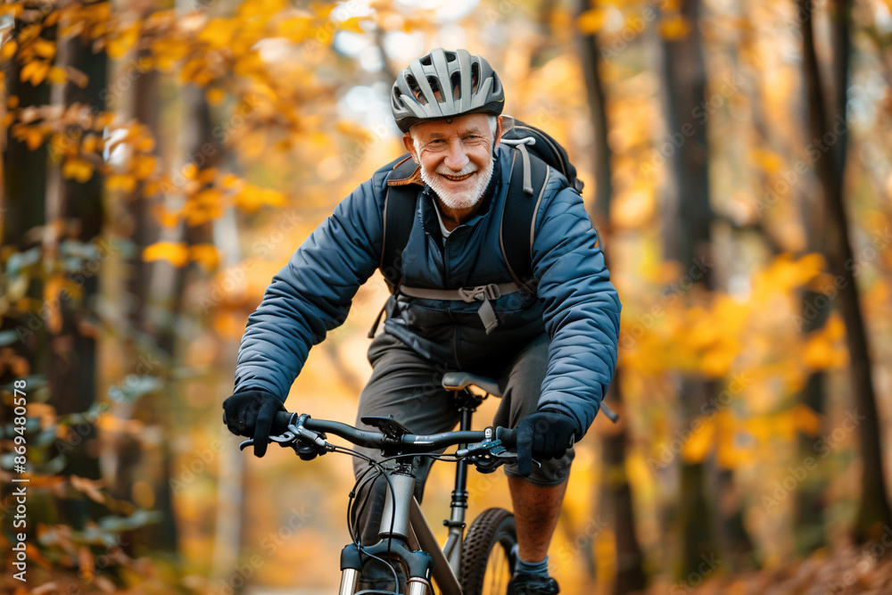 Senior man in helmet riding on his bike outdoor in autumn Senior man in helmet riding on his bike outdoor in autumn