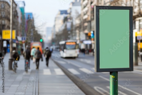 Vibrant Green Screen Billboard in Urban Intersection with Blurred Pedestrians and Cyclists Background © taelefoto