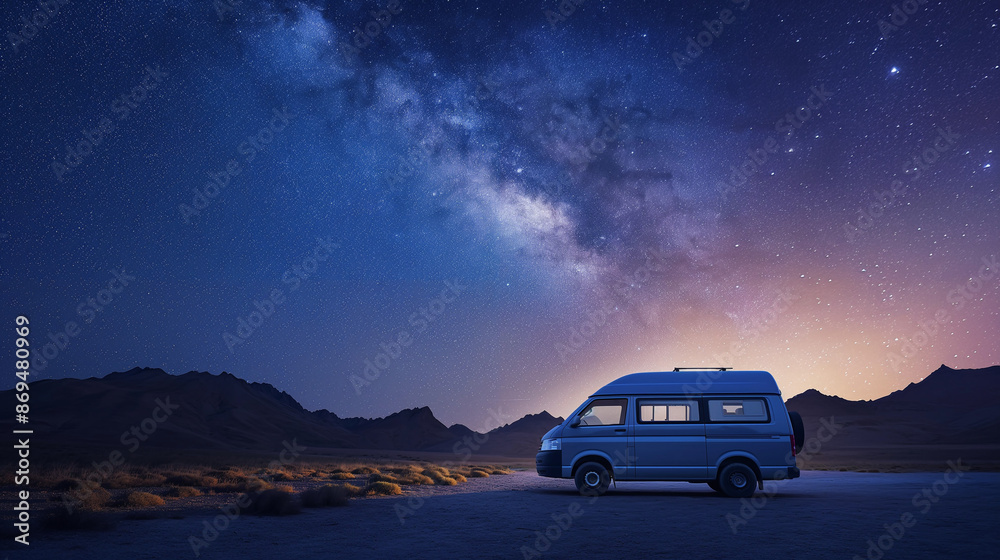Travel van at night with beautiful the Milky Way Travel van at night with beautiful the Milky Way