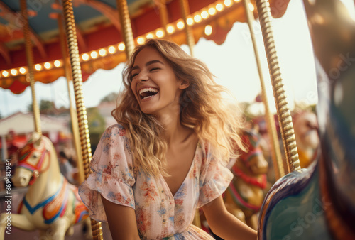 beautiful woman riding on carousel and laughing at amusement park, having fun in fairground or festival with colorful rainbow © Kien