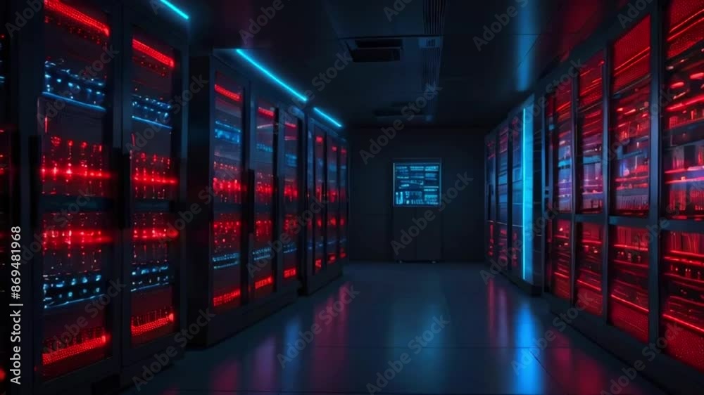 A dark room with red and blue lights. Tall cabinets line the walls and a bright screen is at the end of the hall.
