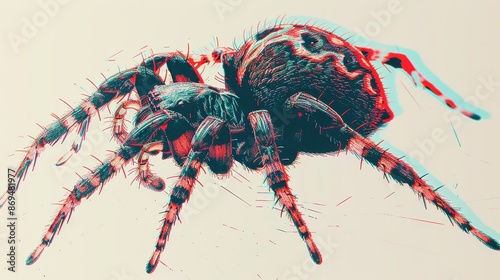 Close-Up of a Spider with 3D Effect, Detailed Macro Photography of Arachnid with Red and Blue Anaglyph Filter