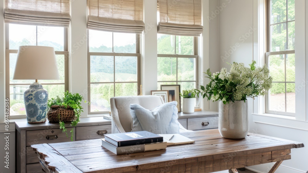 Fototapeta premium A desk with a vase of flowers and a lamp on it. The desk is in a room with a view of the outdoors