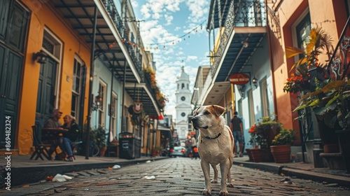 A dog in the streets of New Orleans, USA, jazzinspired, vibrant and musical photo