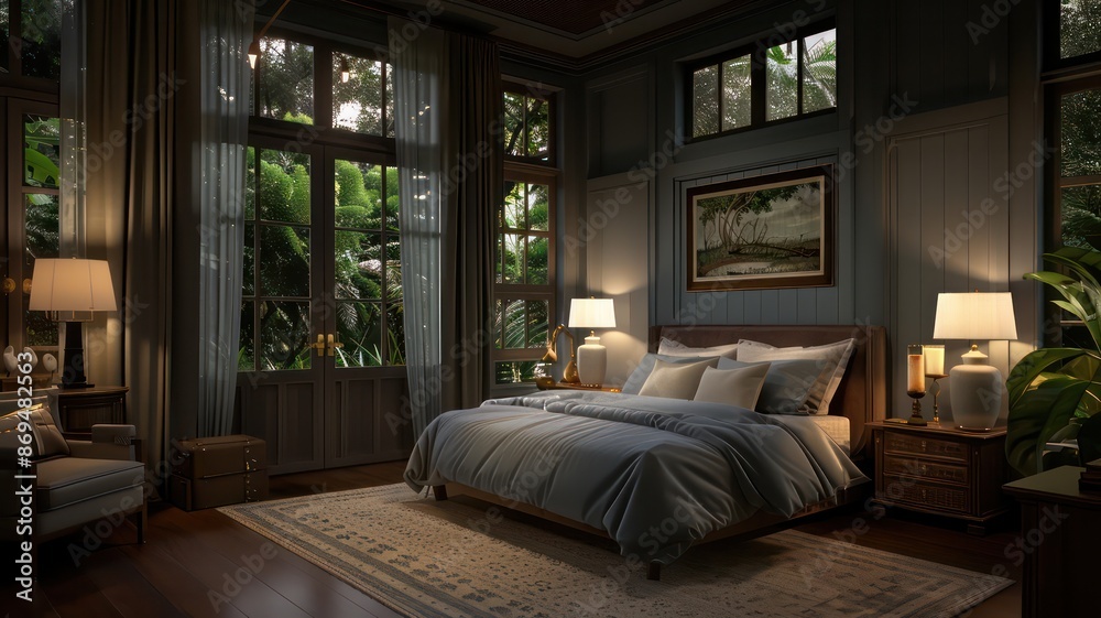 Fototapeta premium A bedroom with a large bed, a chair, and a nightstand. The room is dimly lit, giving it a cozy and intimate atmosphere