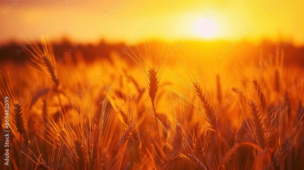 vibrant sunset over rolling wheat field golden stalks swaying gently warm orange sky casting long shadows peaceful rural landscape with rich textures and contrasts
