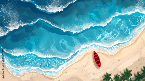 
an aerial view  of a picture of a beach with a boat on the water and a palm tree in the corner 
