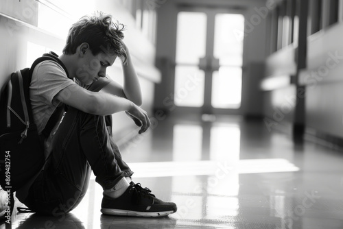 Sad male student sitting alone on the floor in a school hallway feeling anxious and depressed