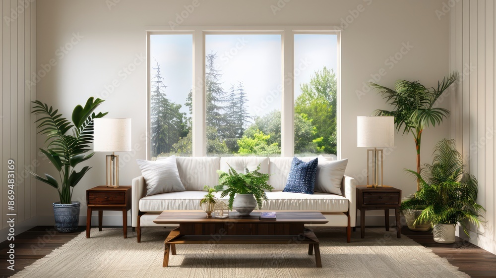 Fototapeta premium A living room with a white couch, two lamps, and a potted plant. The room has a modern and clean look, with a large window letting in natural light. The plants add a touch of greenery