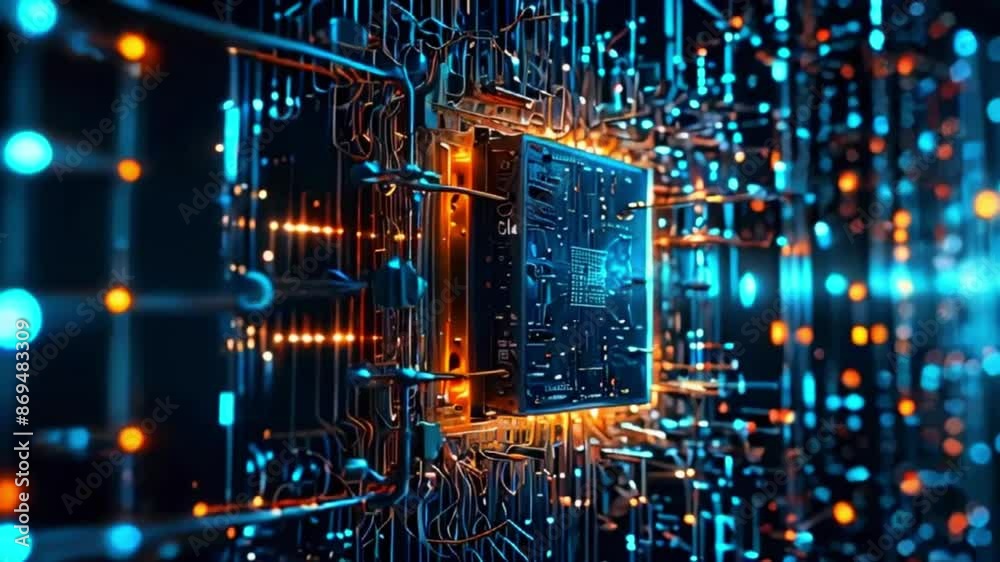 This is an illustration of a computer chip with blue and orange lights on a black background.