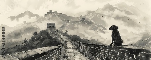 A puppy at the Great Wall of China, ink wash, traditional style, ancient setting photo