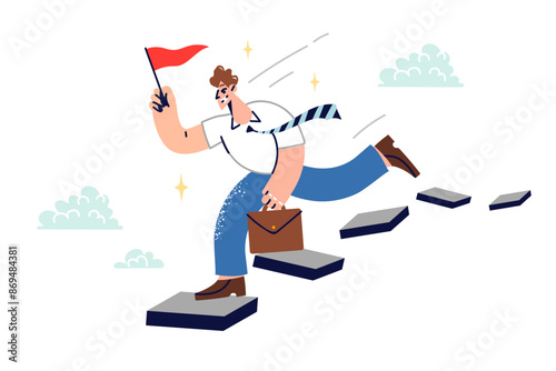 Man leader strives to achieve business goals and success, running along steps high in sky