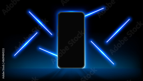 Glowing Neon light Smartphone with Floating Lamps and Beams. Illuminating Mobile Designs for Banners, Wallpapers, Luxury Vouchers and Leaflet. Vector.