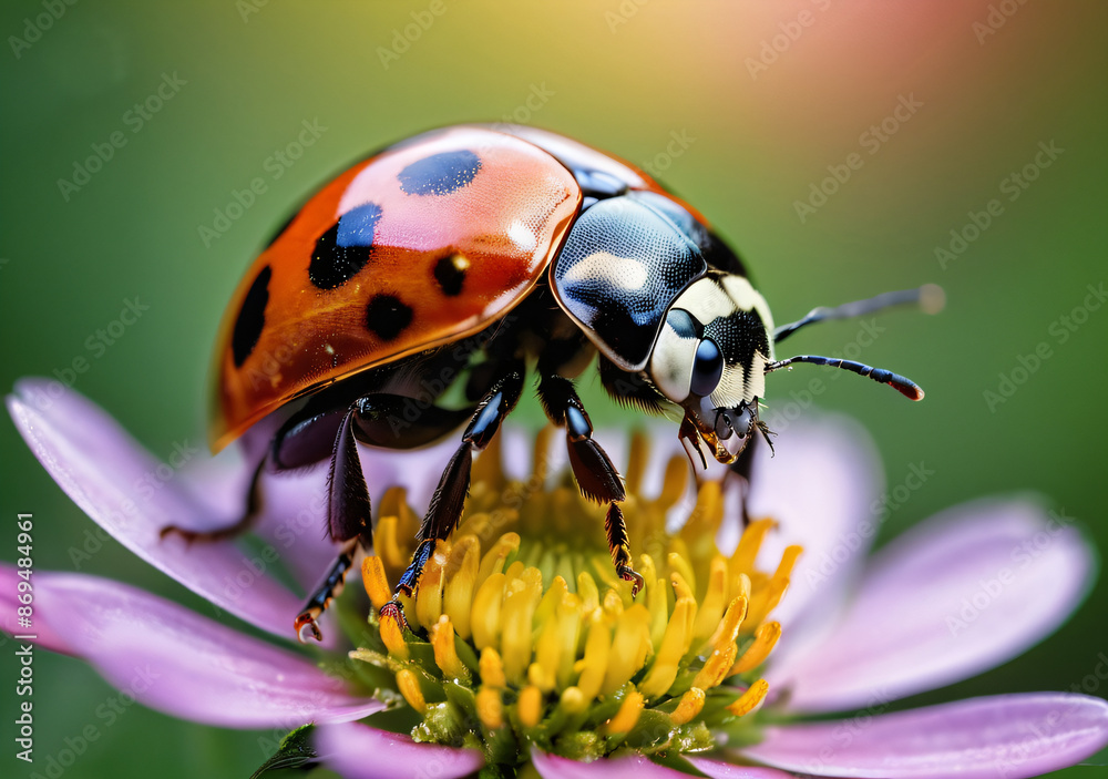 Fototapeta premium Ladybug on flower macro closeup. Generative AI.