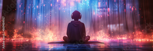 Person meditating with headphones in abstract light