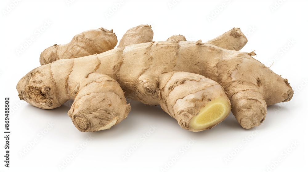 This detailed image features a fresh ginger root, characterized by its light brown skin and slightly irregular shape, prominently placed on a white surface for contrast. This detailed image features a fresh ginger root, characterized by its light brown skin and slightly irregular shape, prominently placed on a white surface for contrast.