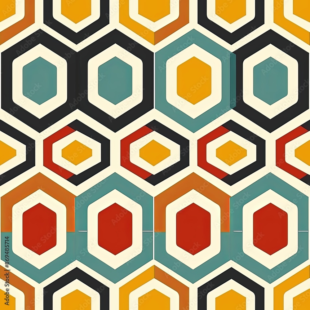 A geometric pattern with interlocking hexagons and triangles in bold, contrasting colors, creating a visually striking and seamless design for textiles A geometric pattern with interlocking hexagons and triangles in bold, contrasting colors, creating a visually striking and seamless design for textiles