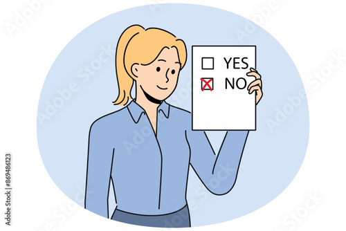 Woman voter demonstrates ballot for presidential elections or referendum with chosen answer no. Voter holds questionnaire designed to survey population on socially important topics.