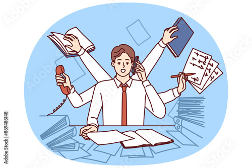 Multi-armed man multitasking with documents and talking on phone at same time sitting in office. Clerk guy wants to achieve career success multitasking to please boss or become manager