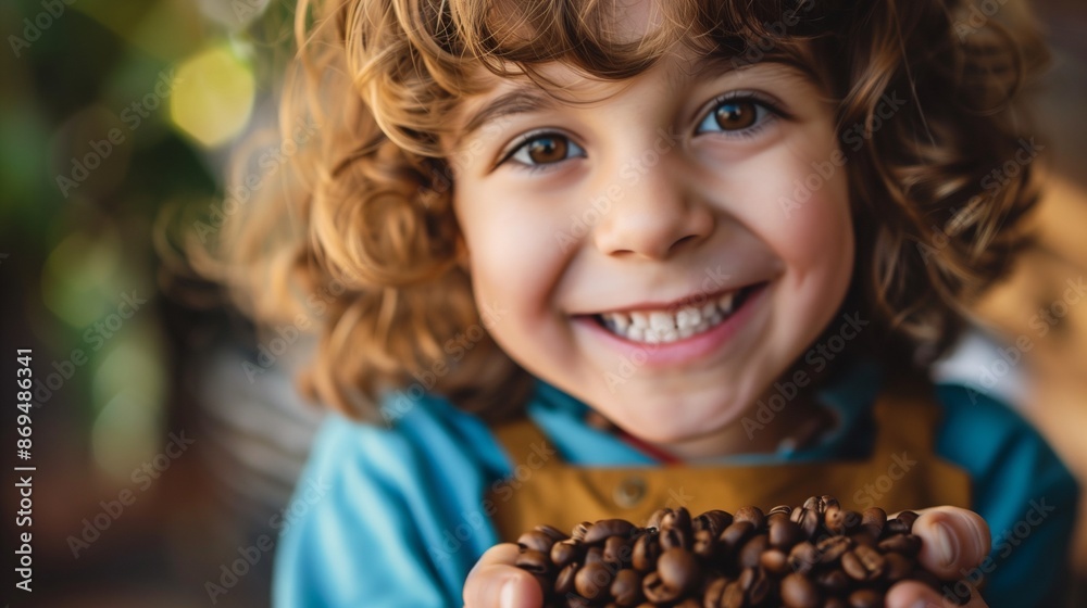 Naklejka premium Child holding coffee beans