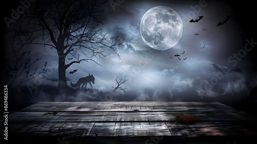 3D Halloween background featuring moon, fox, bats, and wooden table in night time, Halloween Scary background.