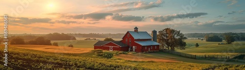 Aerial shot of a classic American farmhouse with red barn, silo, and open pastures, golden hour, editorial style, nostalgic photo