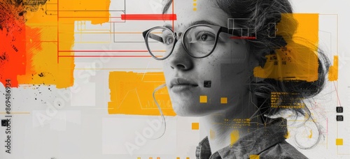 The photo shows a young woman wearing glasses looking thoughtfully into the distance, with an abstract background in warm colors. She is wearing a white shirt and has brown hair. photo