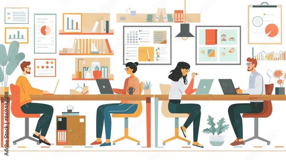 Office environment, team collaboration and planning, flat design illustration