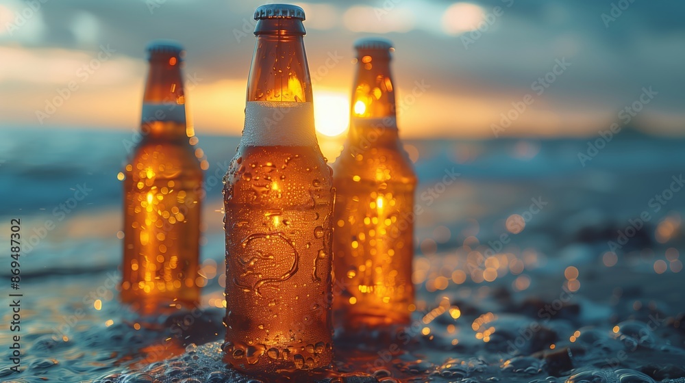 Three Bottles of Beer On A Beach At Sunset Three Bottles of Beer On A Beach At Sunset