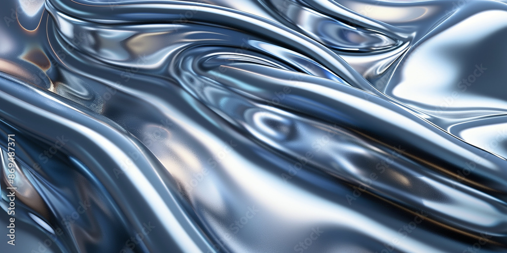 Abstract metallic waves with a smooth, reflective surface, ideal for backgrounds in technology presentations, modern design projects, industrial-themed visuals, high-tech branding, and luxury product Abstract metallic waves with a smooth, reflective surface, ideal for backgrounds in technology presentations, modern design projects, industrial-themed visuals, high-tech branding, and luxury product