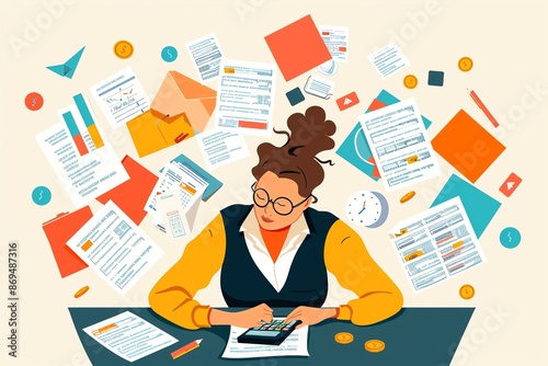 Finance, accountant with calculator and documents, flat design illustration