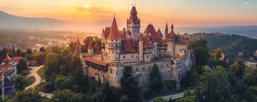 Fototapeta premium Aerial view of a grand castle with turrets, stone walls, and extensive grounds, golden hour, editorial style, majestic photography