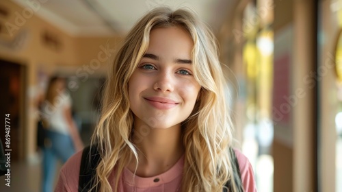 Teenaged girl looking at camera standing in school hallway